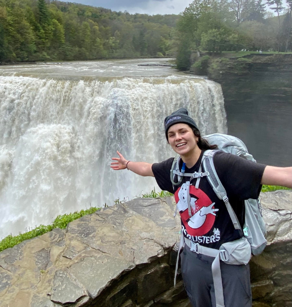 Natalie near waterfalls